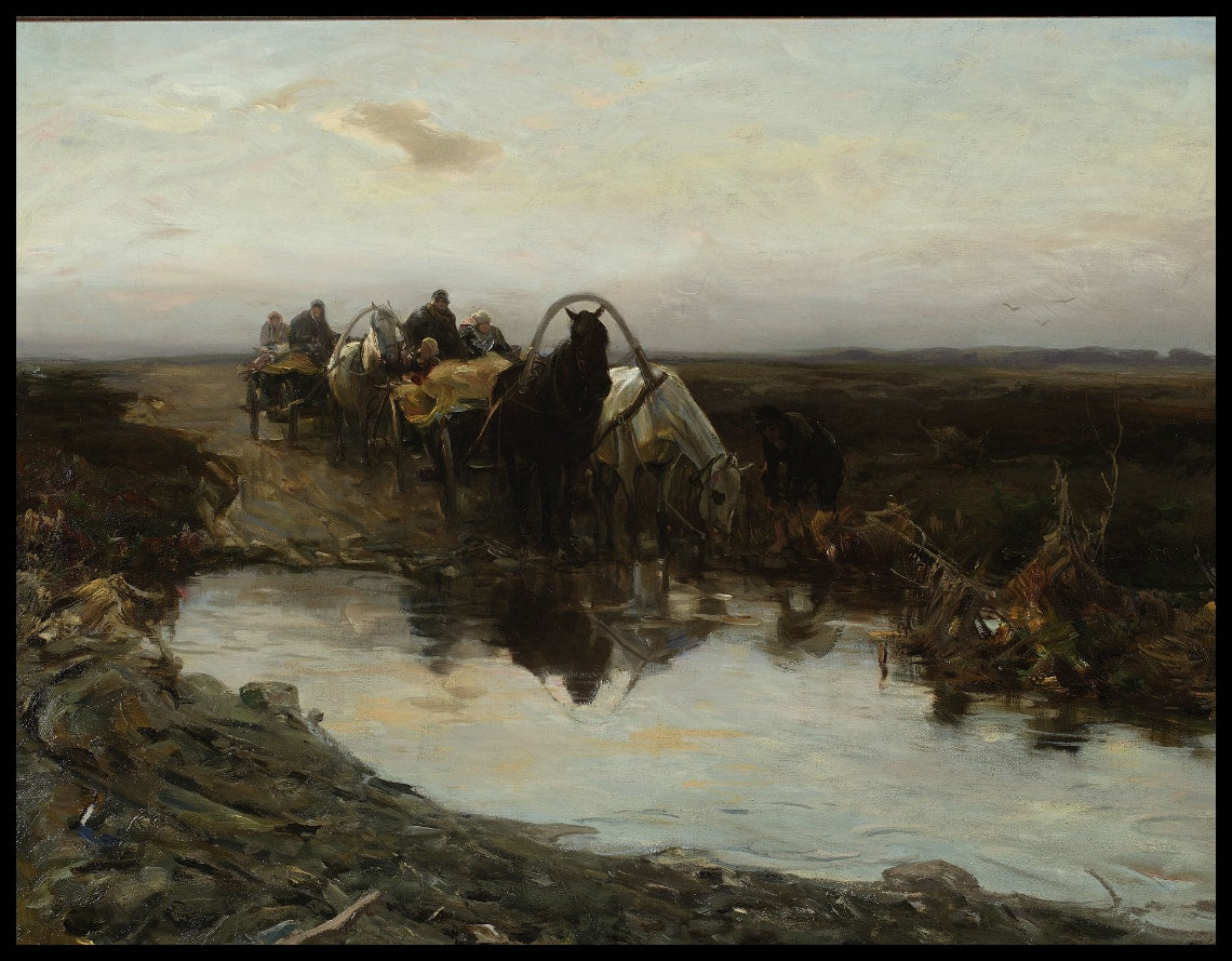 Peasant carts in front of a puddle