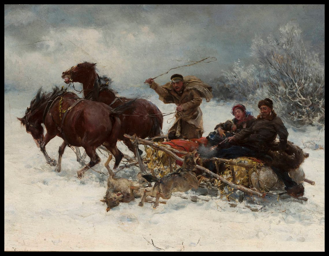 Wolves attacking a sleigh