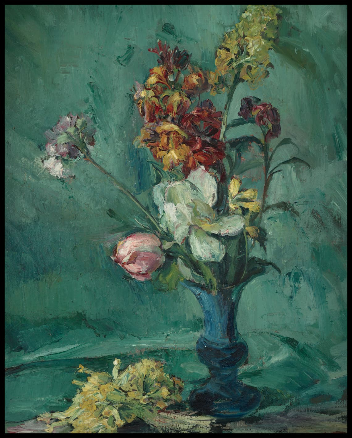 Flowers in blue vase and bunch of primroses