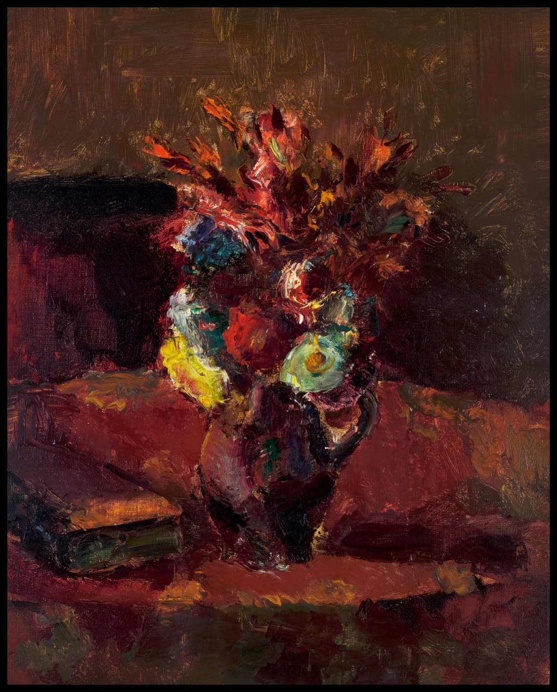 Bouquet of flowers with red tablecloth