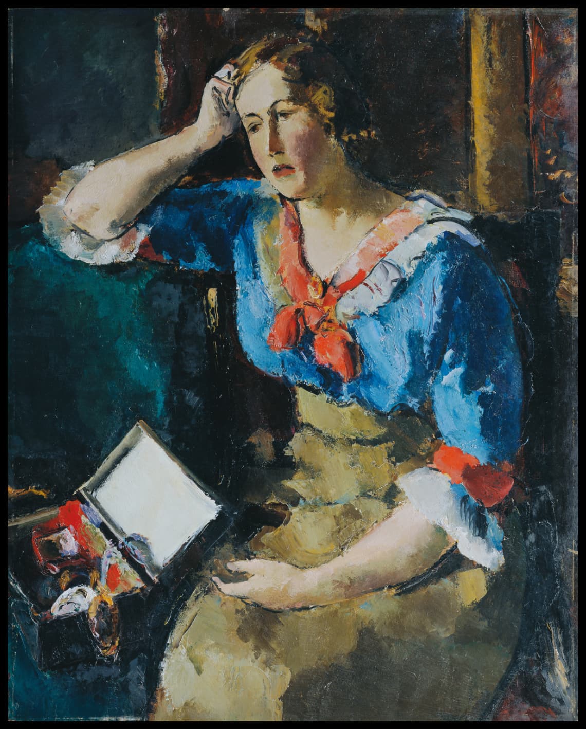 Seated lady in blue blouse