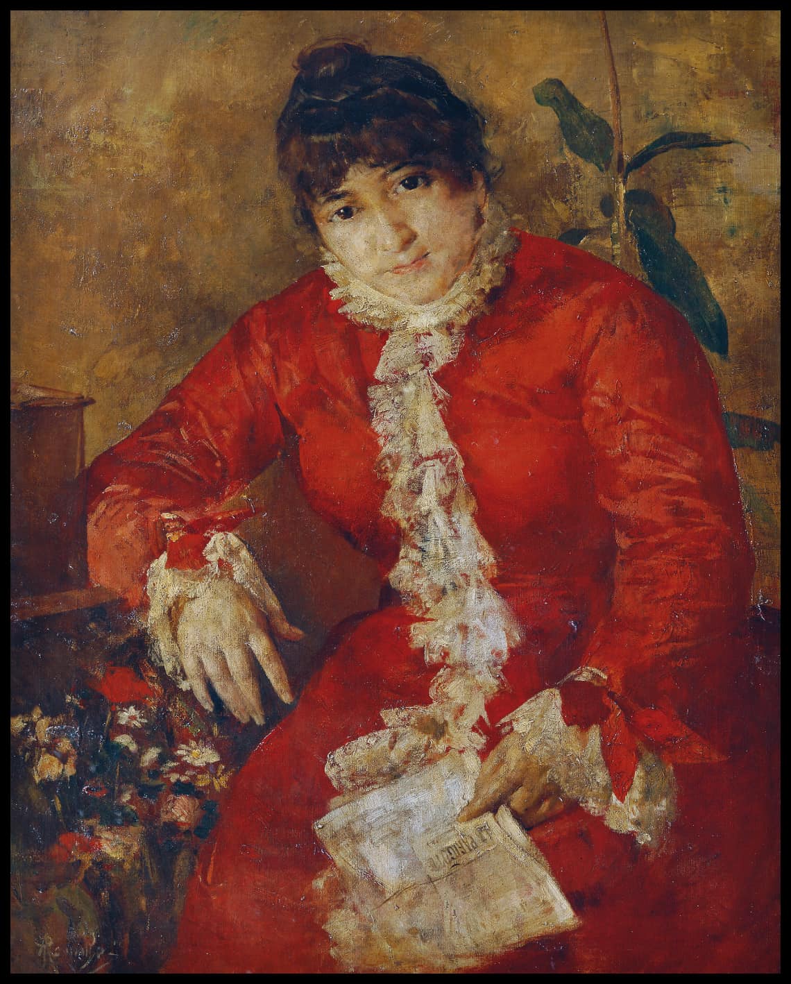 Woman in red dress with newspaper