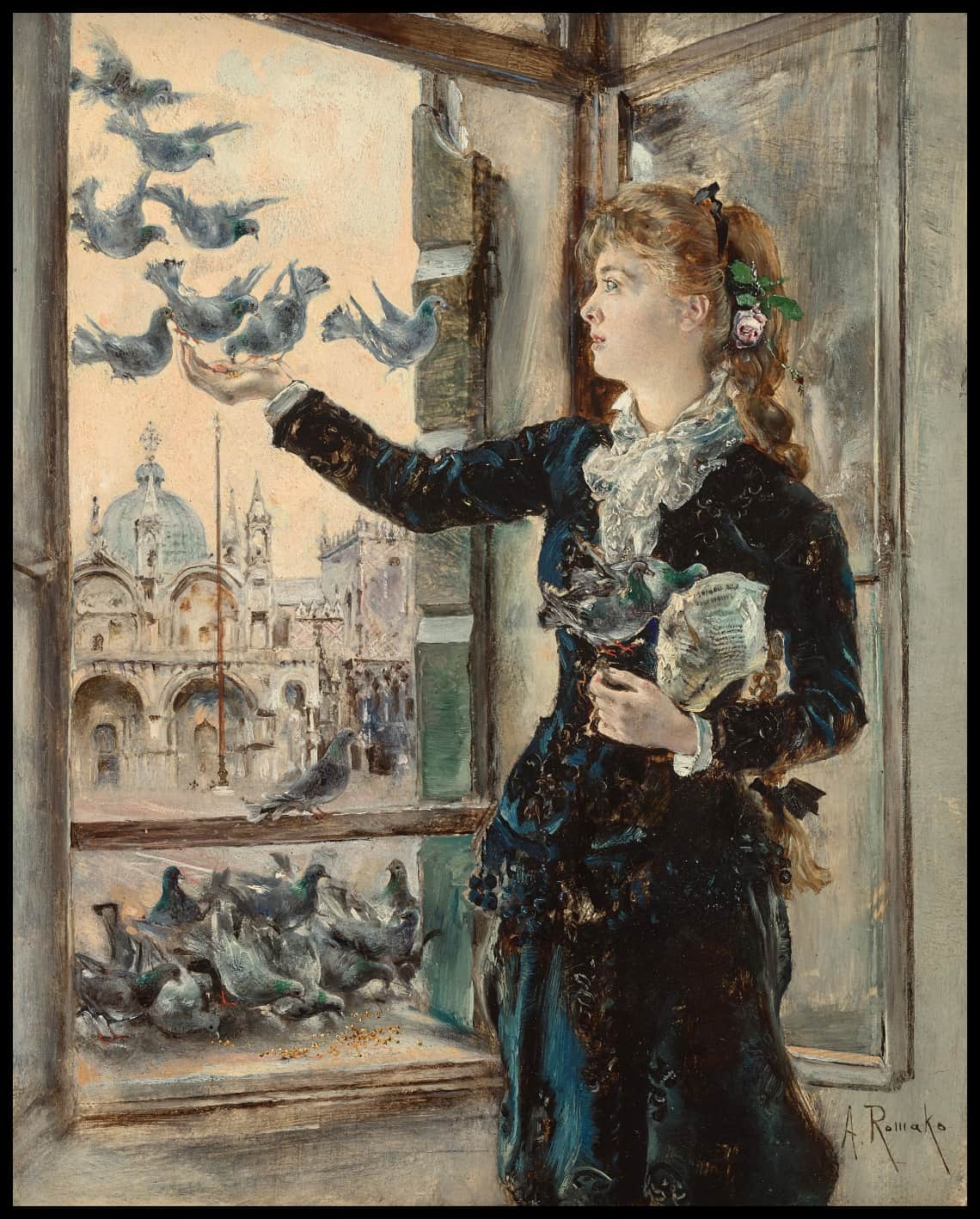 Girl feeding pigeons at a window overlooking St. Mark's Square
