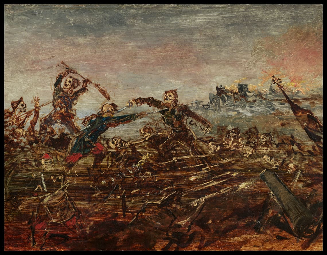 Totentanz auf dem Schlachtfeld vor brennenden Ruinen