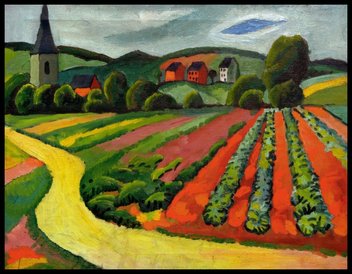 Landschaft mit Kirche und Weg