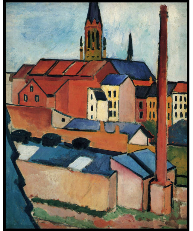 Marienkirche in Bonn mit Häusern und Schornstein