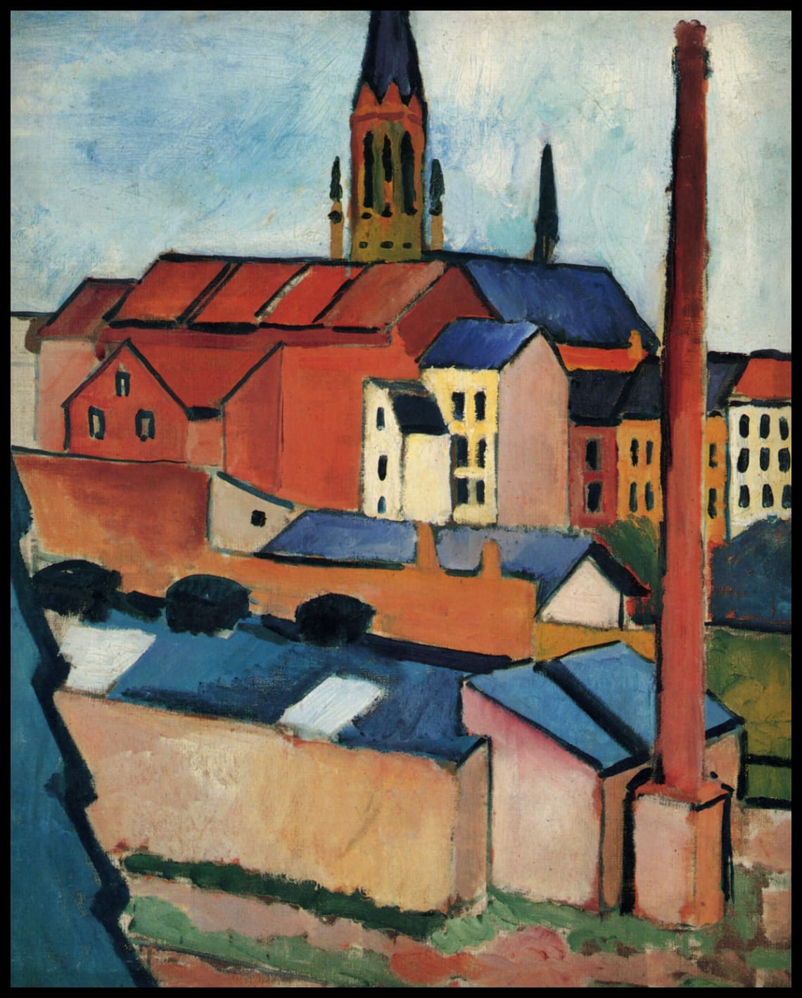 Marienkirche in Bonn mit Häusern und Schornstein