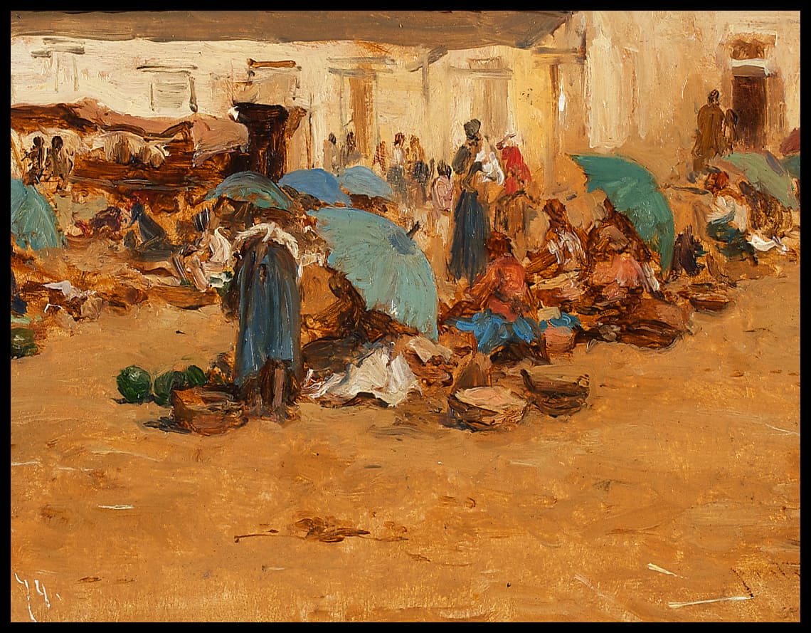 Ungarischer Markt mit blauen Schirmen