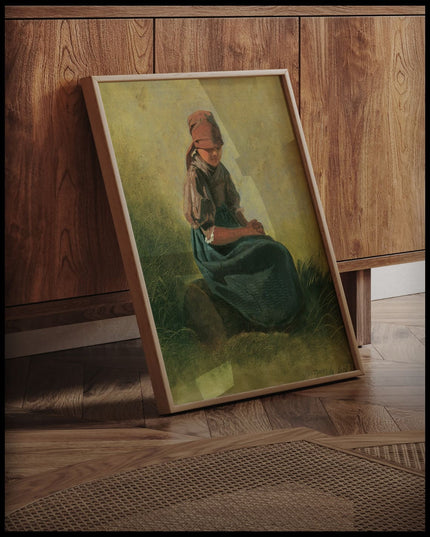 Sitzendes Bauernmädchen mit Kopftuch und blauem Rock