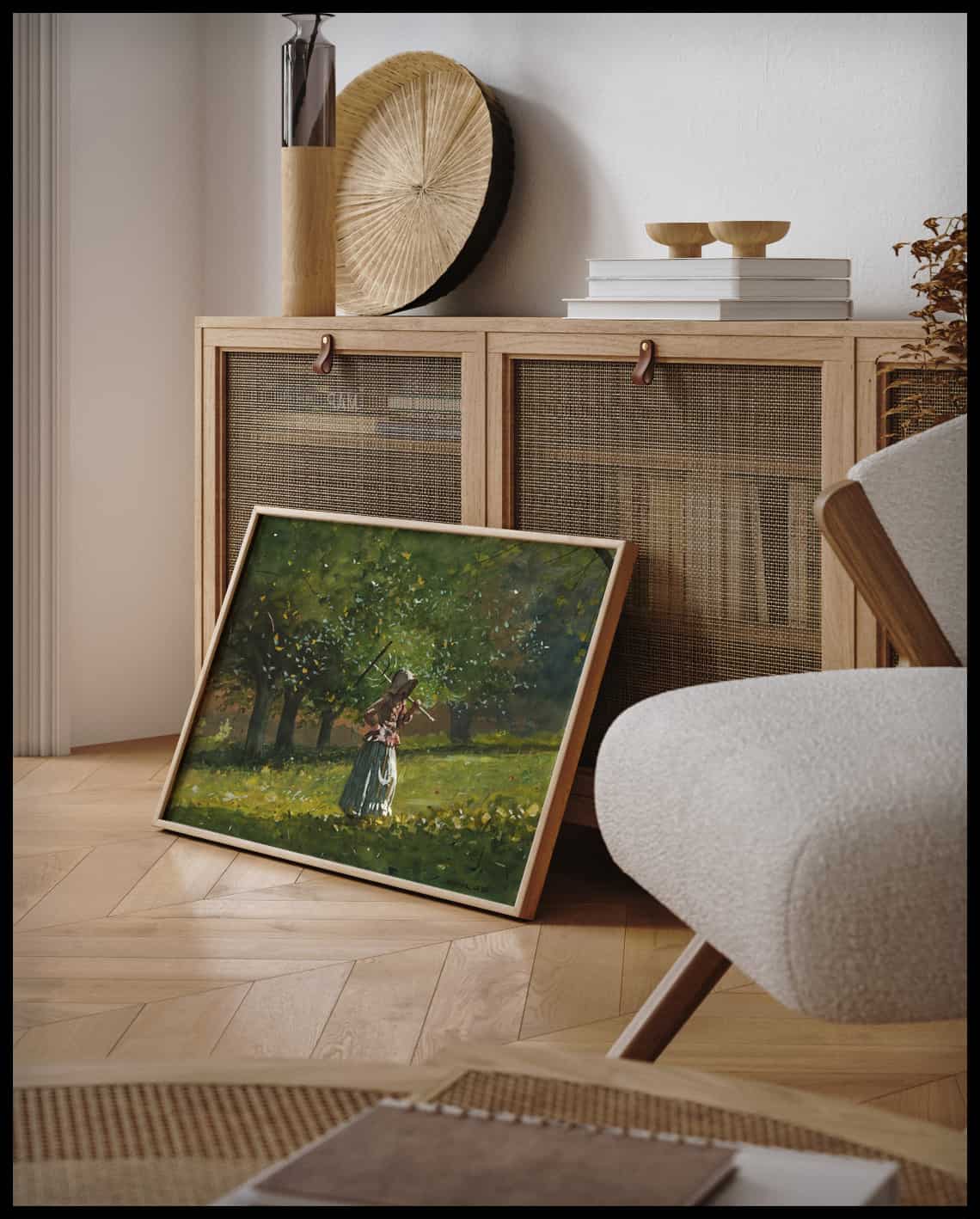 Fille avec râteau en bois