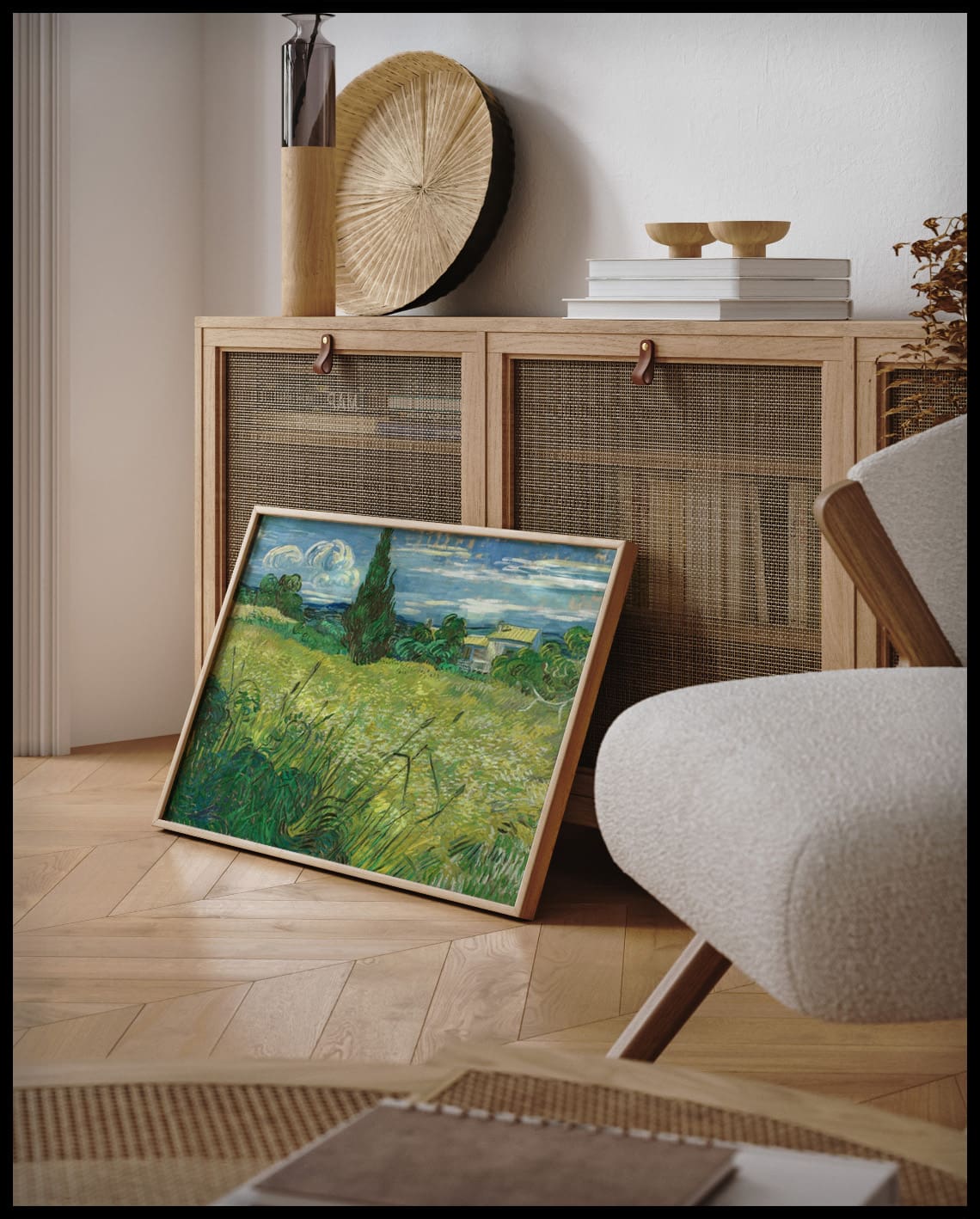 Green wheat field with cypress