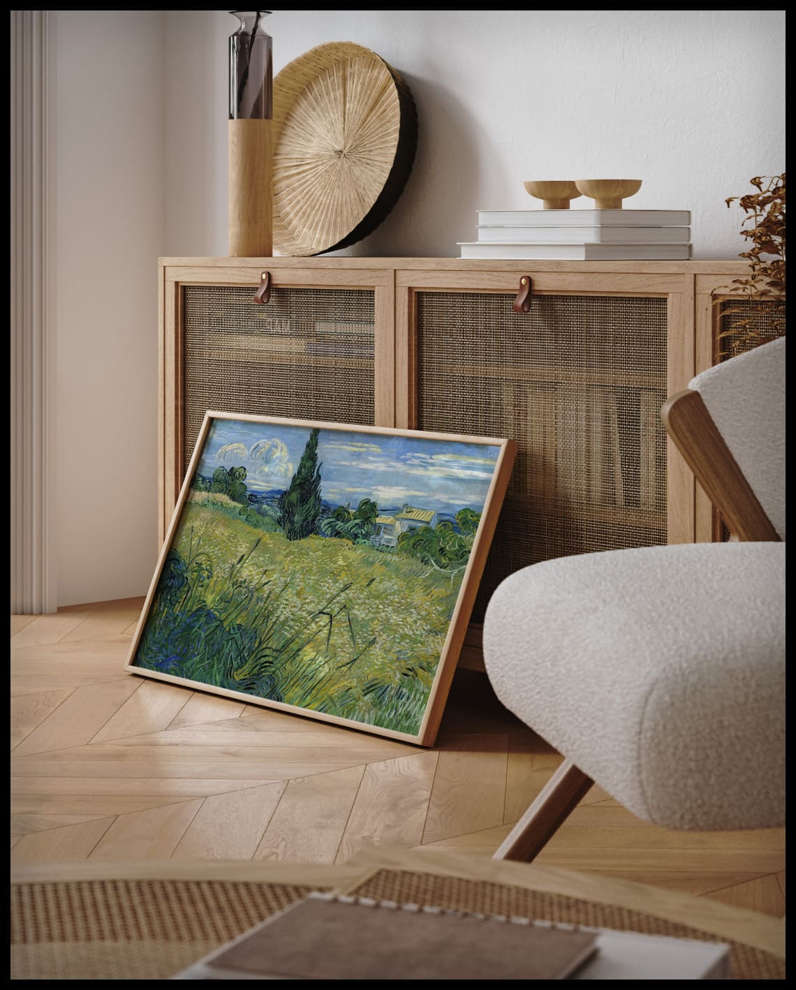 Green wheat field with cypress