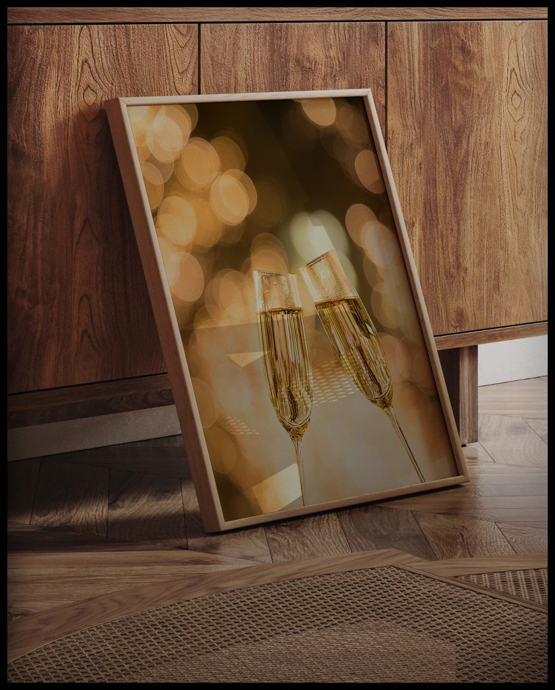 Ein gerahmtes Poster einer Nahaufnahme von Sektgläsern die vor einem goldenen Hintergrund anstoßen, an einer Holzkommode angelehnt und stehend auf dem Holzboden