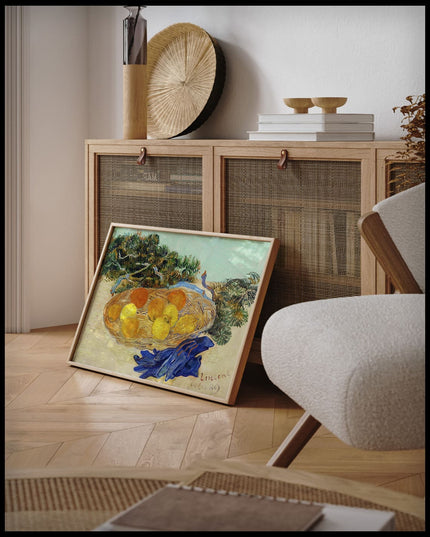 Still Life of Oranges and Lemons with Blue Gloves