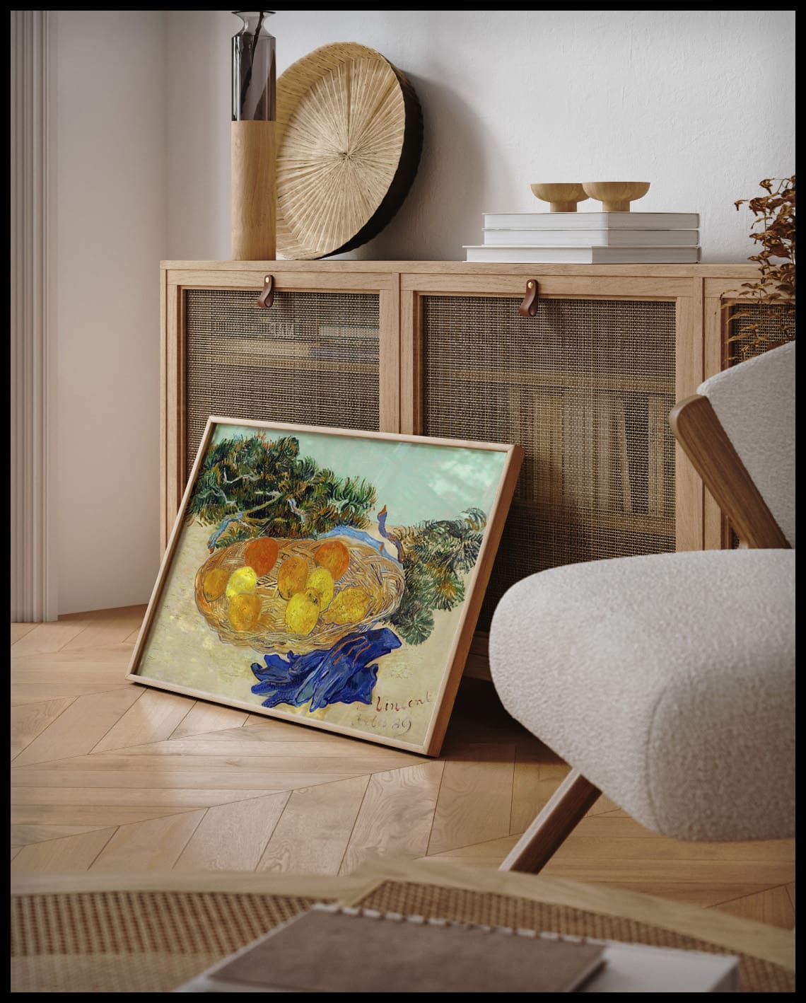 Still Life of Oranges and Lemons with Blue Gloves