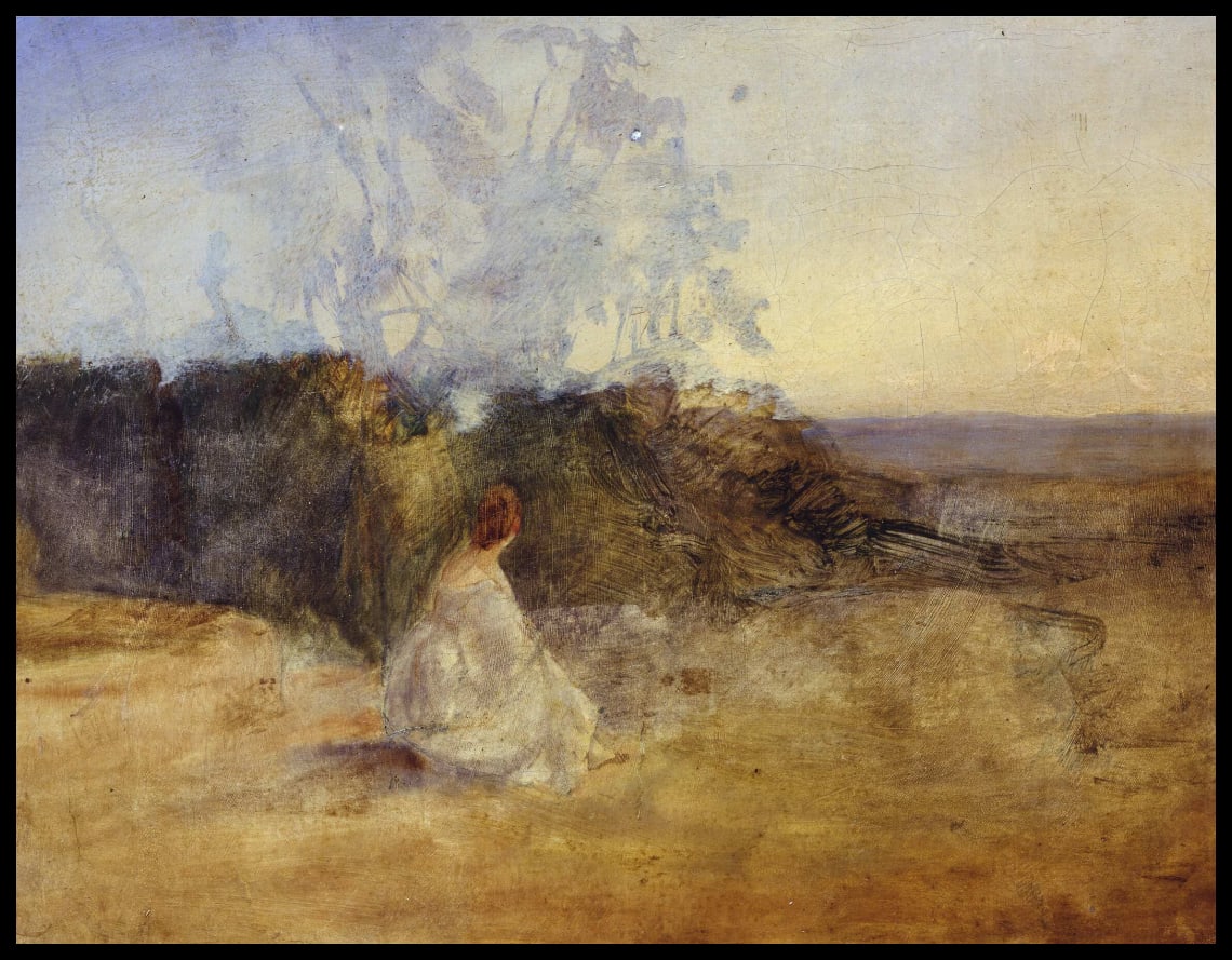 Italienische Küstenlandschaft mit sitzender Frau