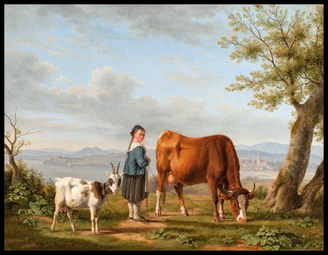 Viehhirtin mit Kuh und Ziege