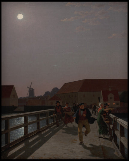 Langebro, Copenhagen, in the Moonlight with Running Figures