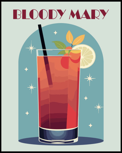 Ein Poster einer farbenfrohen Illustration eines Bloody Mary Cocktails mit einem dekorativen Hintergrund.