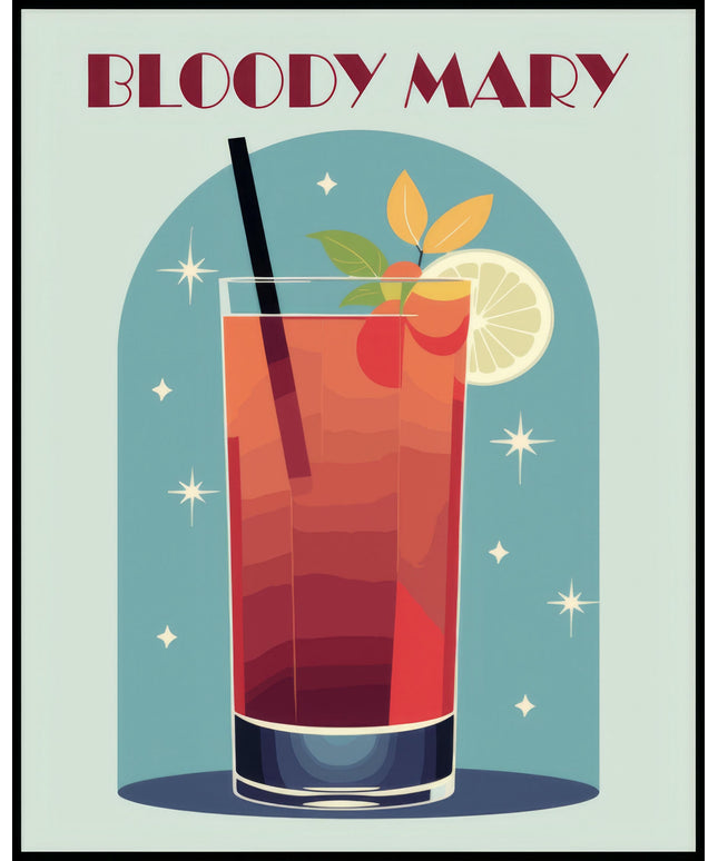 Ein Poster einer farbenfrohen Illustration eines Bloody Mary Cocktails mit einem dekorativen Hintergrund.