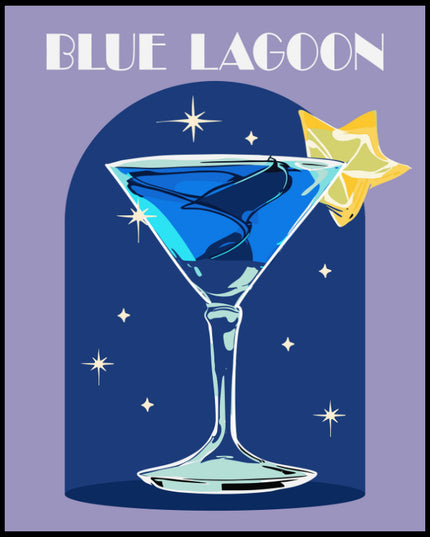 Ein Poster einer farbenfrohen Illustration eines Blue Lagoon Cocktails mit einem dekorativen Hintergrund.