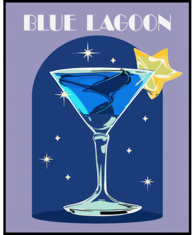 Ein Poster einer farbenfrohen Illustration eines Blue Lagoon Cocktails mit einem dekorativen Hintergrund.