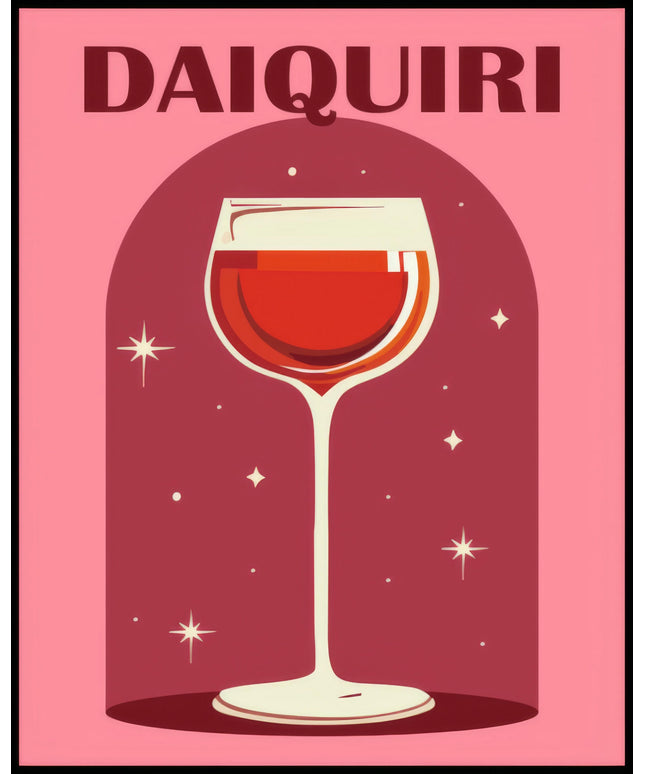 Ein Poster einer farbenfrohen Illustration eines Daiquiri Cocktails mit einem dekorativen Hintergrund.