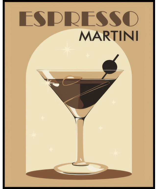 Ein Poster einer farbenfrohen Illustration eines Espresso Martini Cocktails mit einem dekorativen Hintergrund.