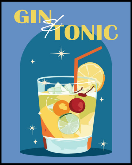 Ein Poster einer farbenfrohen Illustration eines Gin Tonic Cocktails mit einem dekorativen Hintergrund.