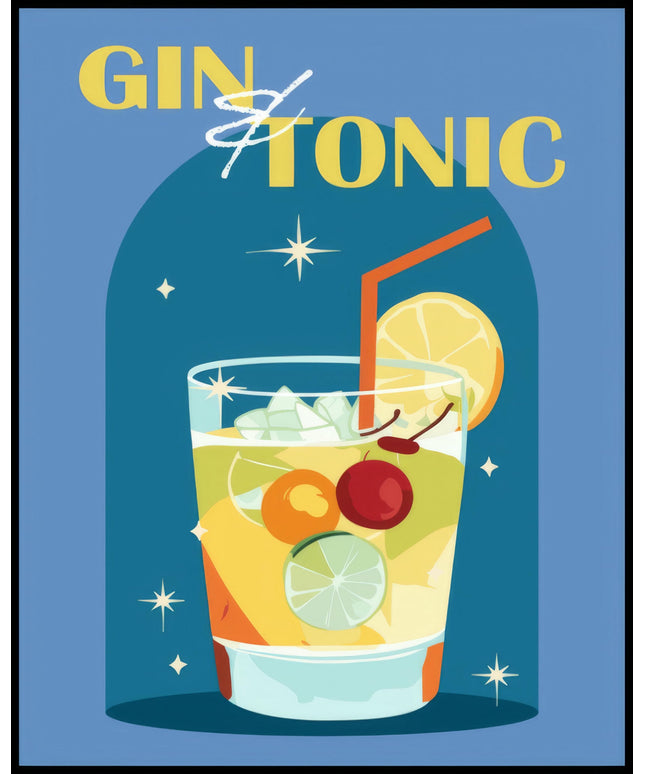 Ein Poster einer farbenfrohen Illustration eines Gin Tonic Cocktails mit einem dekorativen Hintergrund.