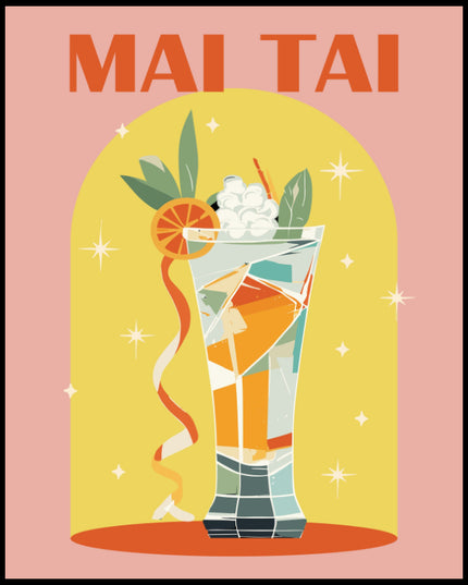 Ein Poster einer farbenfrohen Illustration eines Mai Tai Cocktails mit einem dekorativen Hintergrund.