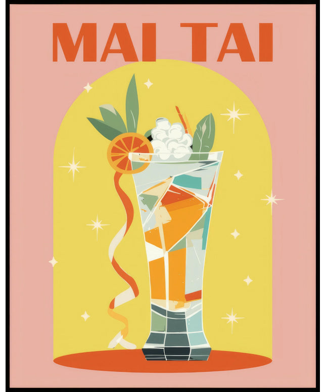 Ein Poster einer farbenfrohen Illustration eines Mai Tai Cocktails mit einem dekorativen Hintergrund.