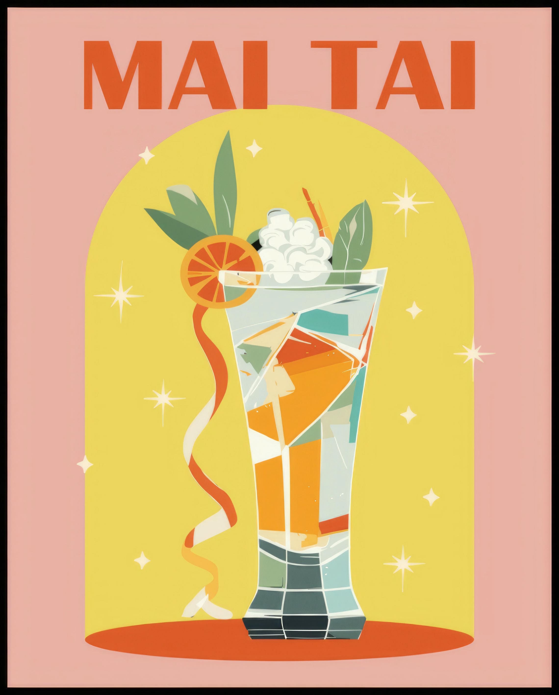 Ein Poster einer farbenfrohen Illustration eines Mai Tai Cocktails mit einem dekorativen Hintergrund.