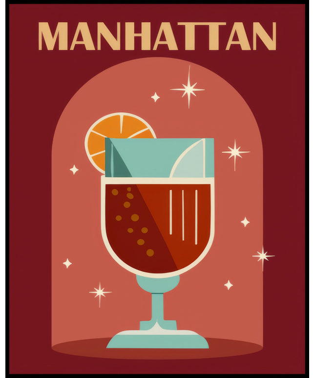 Ein Poster einer farbenfrohen Illustration eines Manhattan Cocktails mit einem dekorativen Hintergrund.