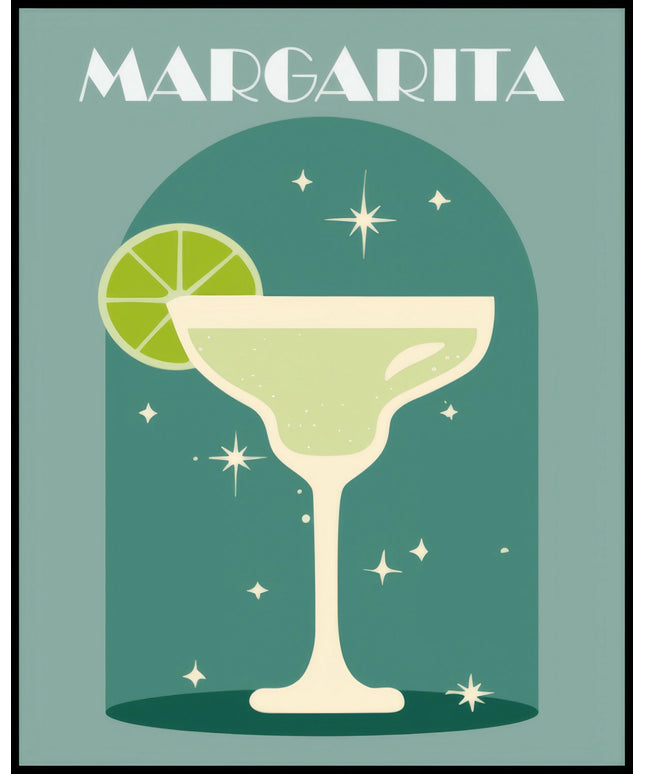 Ein Poster einer farbenfrohen Illustration eines Margarita Cocktails mit einem dekorativen Hintergrund.