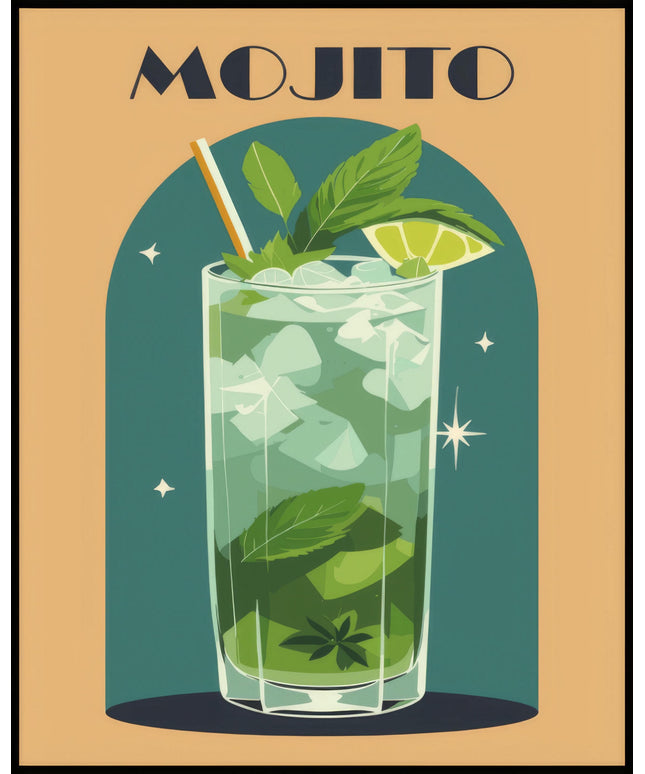 Ein Poster einer farbenfrohen Illustration eines Mojito Cocktails mit einem dekorativen Hintergrund.