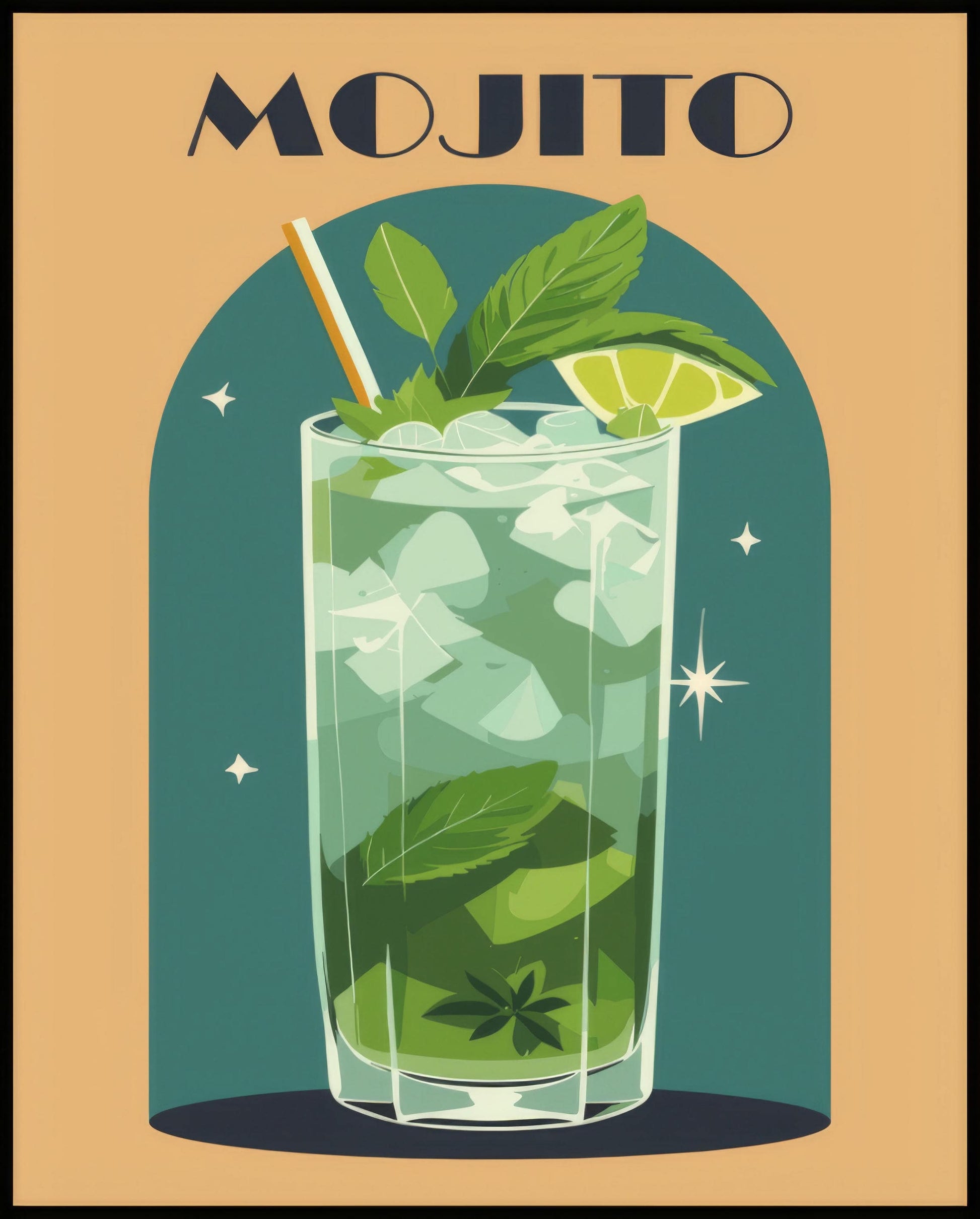 Ein Poster einer farbenfrohen Illustration eines Mojito Cocktails mit einem dekorativen Hintergrund.