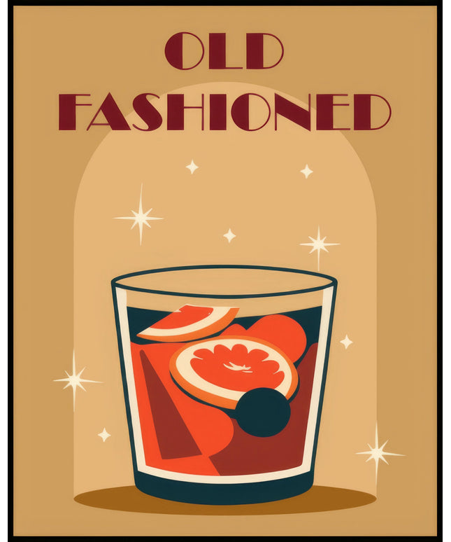 Ein Poster einer farbenfrohen Illustration eines Old Fashioned Cocktails mit einem dekorativen Hintergrund.