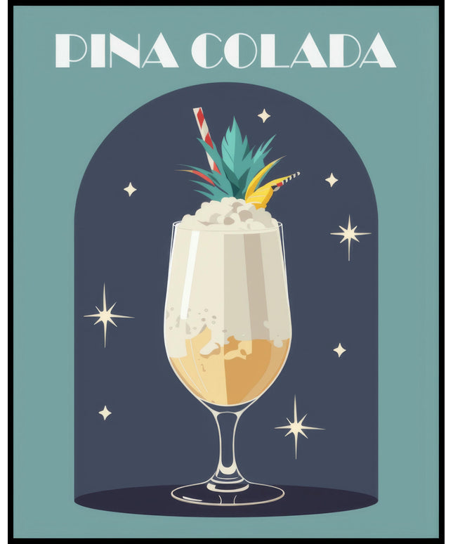 Ein Poster einer farbenfrohen Illustration eines Piña Colada Cocktails mit einem dekorativen Hintergrund.
