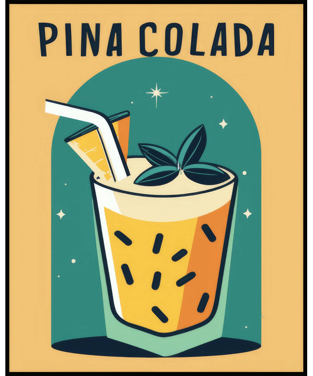 Ein Poster einer farbenfrohen Illustration eines Piña Colada Cocktails mit einem dekorativen Hintergrund.