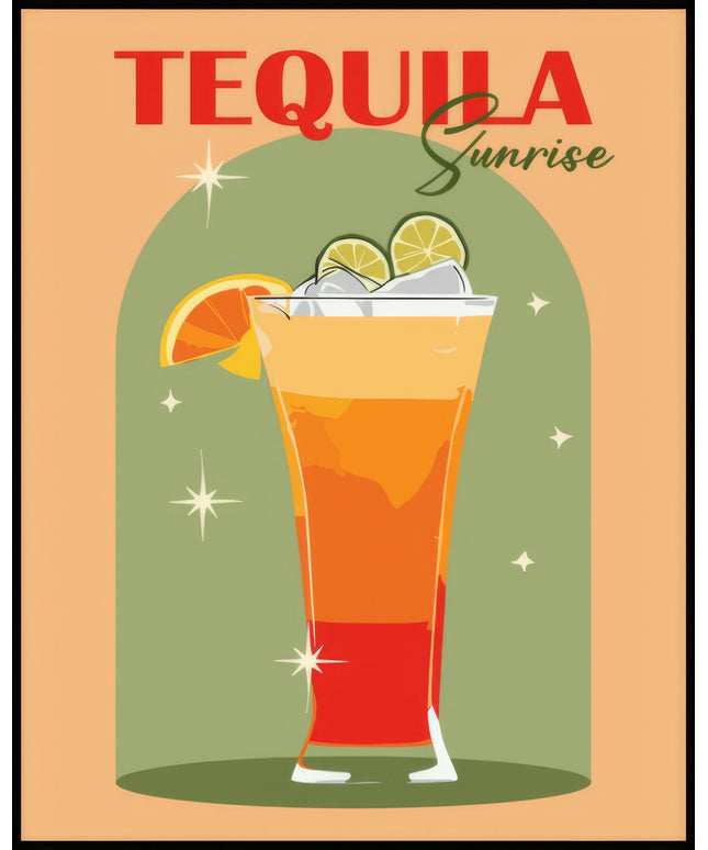 Ein Poster einer farbenfrohen Illustration eines Tequila Sunrise Cocktails mit einem dekorativen Hintergrund.