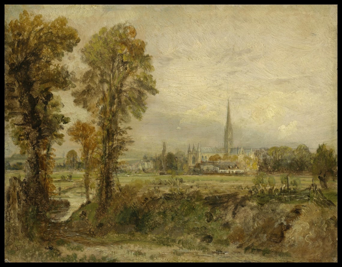 Vue distante de la cathédrale de Salisbury