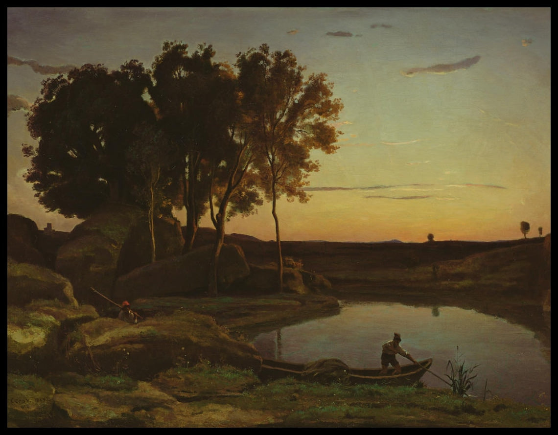 Paysage avec lac et batelier