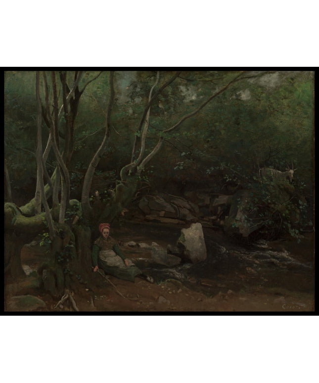 Goat-Girl Sitting Beside a Stream in a Forest