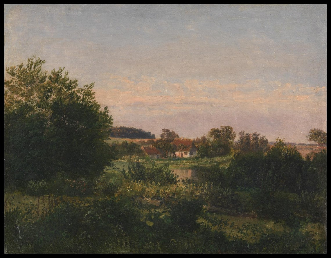 Paysage avec un cottage près d'un étang