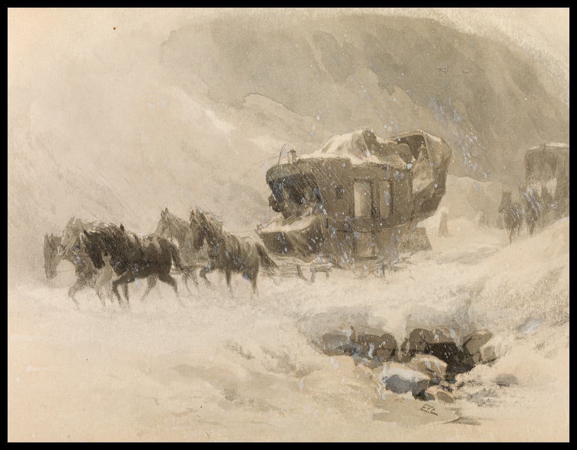 Pferdekutschen im Schneetreiben bei Simplon