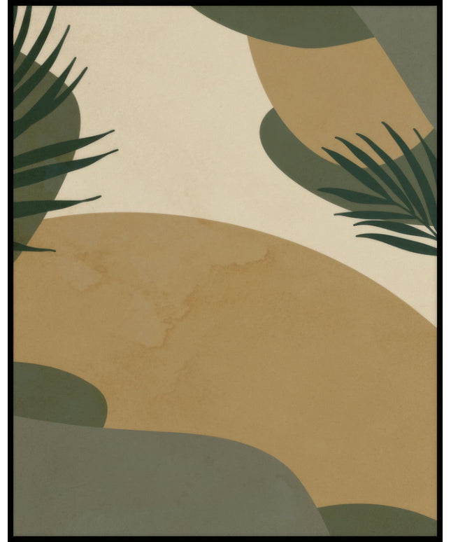 Ein Poster von abstrakten erdfarbenen Formen mit zwei Palmen an den Seiten.