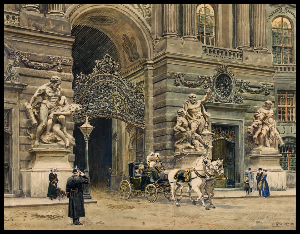 Kaiser Franz Joseph I. in seiner Kutsche vor dem Michaelertor