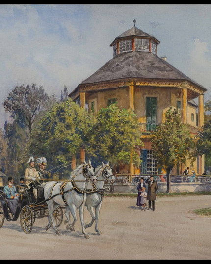 Kaiser Franz Joseph in einer Kutsche vor dem Lusthaus im Wiener Prater