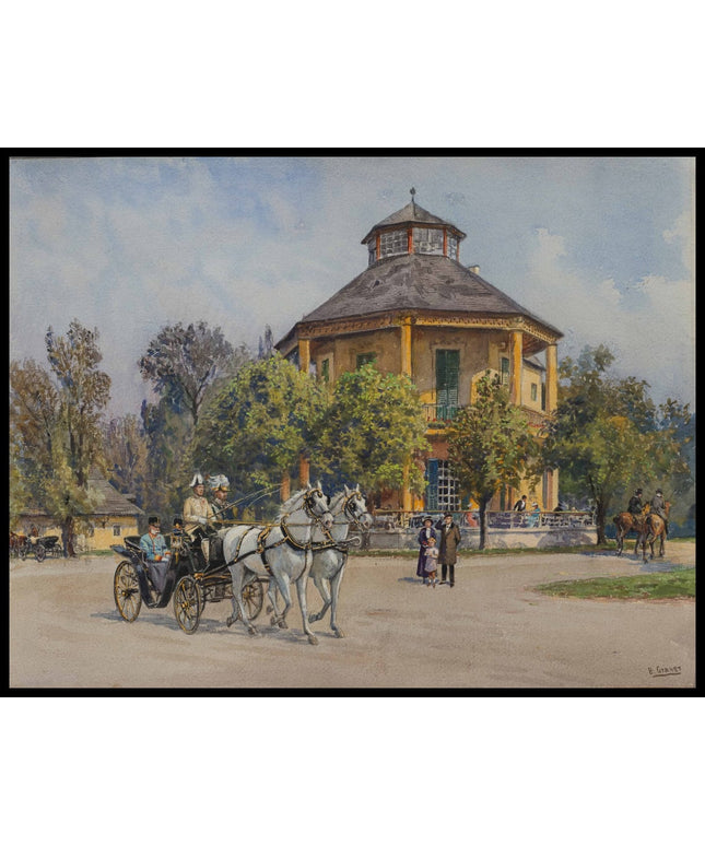 Kaiser Franz Joseph in einer Kutsche vor dem Lusthaus im Wiener Prater